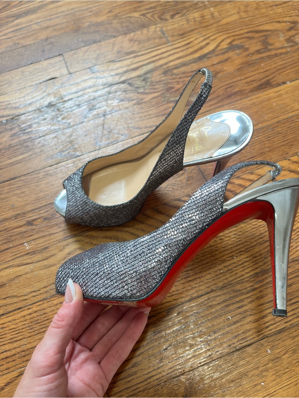 Christian Louboutin Metallic Silver Slingback Peep-Toe Heels with Red Soles